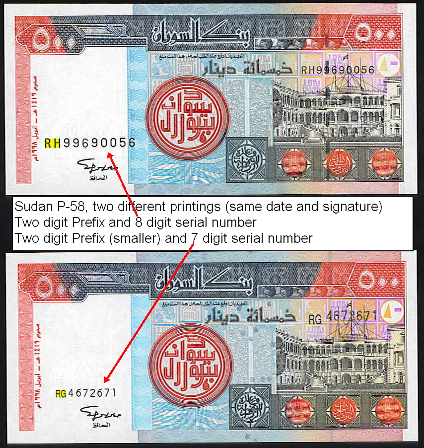 <font color=red><b>Sudan Pick 58, UNC</font></b><p>  500 Pounds, Date: 1998, Sign 11, Double letter prefix RG 4672753.  Small size Serial Number